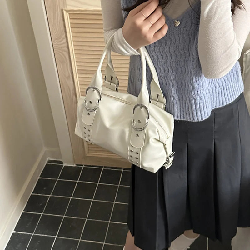 Vintage Style PU Leather Women Shoulder Bag Large Capacity High Quality Fashion Rivet Handbag Daily Use Y2K Motorcycle Bag