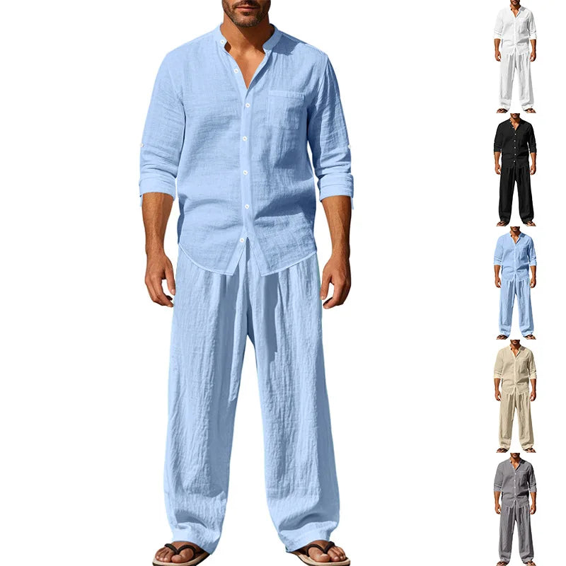 Tracksuit 2025 Seasons Linen Men's Casual Loose Breathable Long sleeved Pants Shirt Beach Set in Stock Male  Clothing Big Size