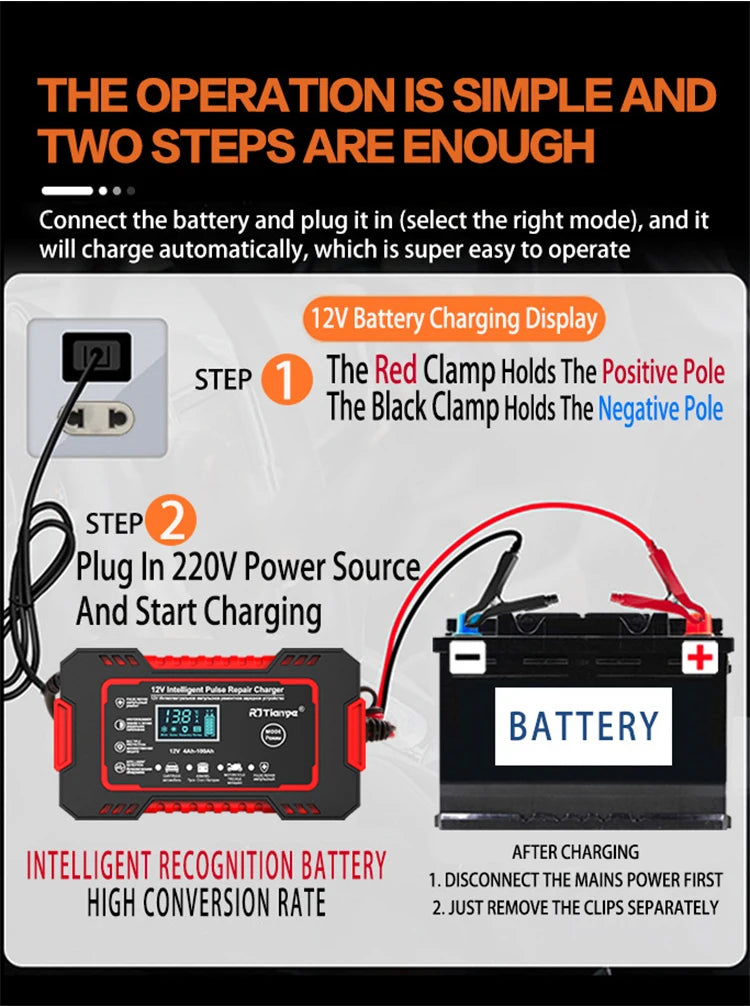 Car Battery Charger 12V 6A Touch Screen Pulse Repair LCD Fast Power Charging Wet Dry Lead Acid Digital LCD Display