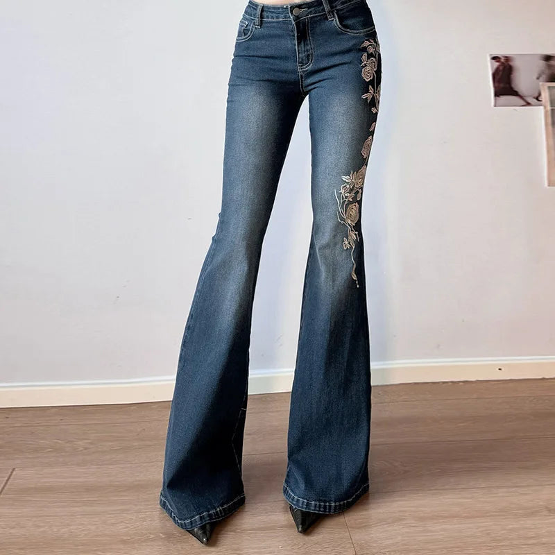 URBANCREW Y2K Embroidered Flare Jeans — Vintage Streetwear