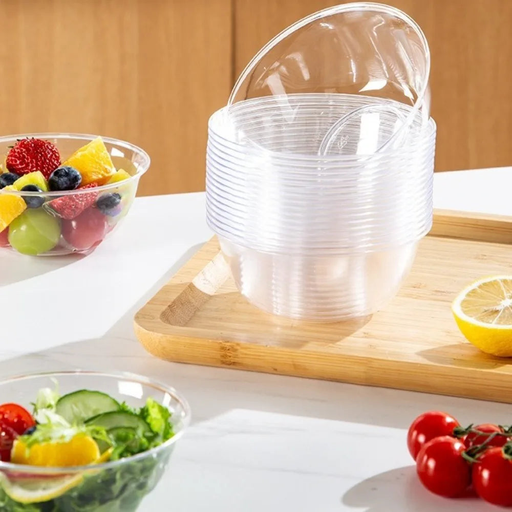 25PCS Food Grade Plastic Disposable Lunch Bowl Thick Kitchen Accessories Hot Pot Tableware Transparent Round Lunch Bowl