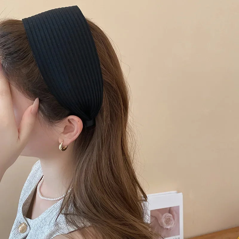 Solid Color Wide Edge Striped Yarn Headband High Head French Gentle Hair Accessory Popular Internet Celebrity Style