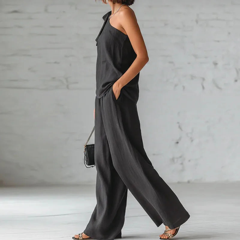 Women's 2 Piece Set 2026 Spring Sexy One Shoulder Tie Knot Top And Wide Leg Pants Suit Casual Loose Summer Beach Vacation Outfit
