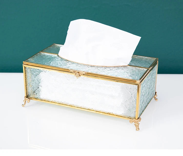 Vintage Brass Glass Tissue Box Living Room paper Storage Holder Tea Table Desktop Paper Box Hotel Restaurant Tissue Organizer