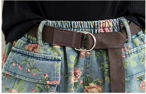 Retro Floral Printed Denim Wide-leg Shorts Women Summer Latest Fashion Baggy Big Size Girl Thin Elastic Waist Jean Short Pants