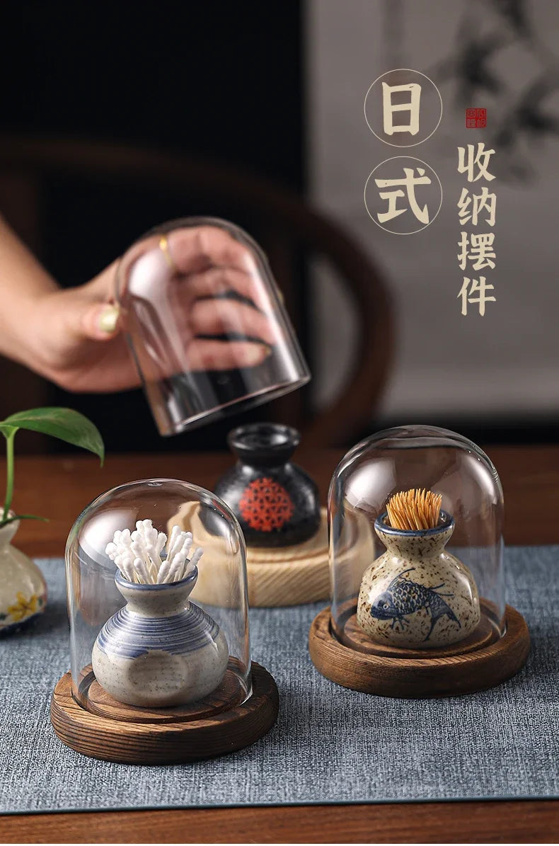 Japanese Retro Toothpick Box Home Toothpick Cotton Swabs Jar Ceramic Pot Glass Dust Cover Modern Exquisite Decoration Modern