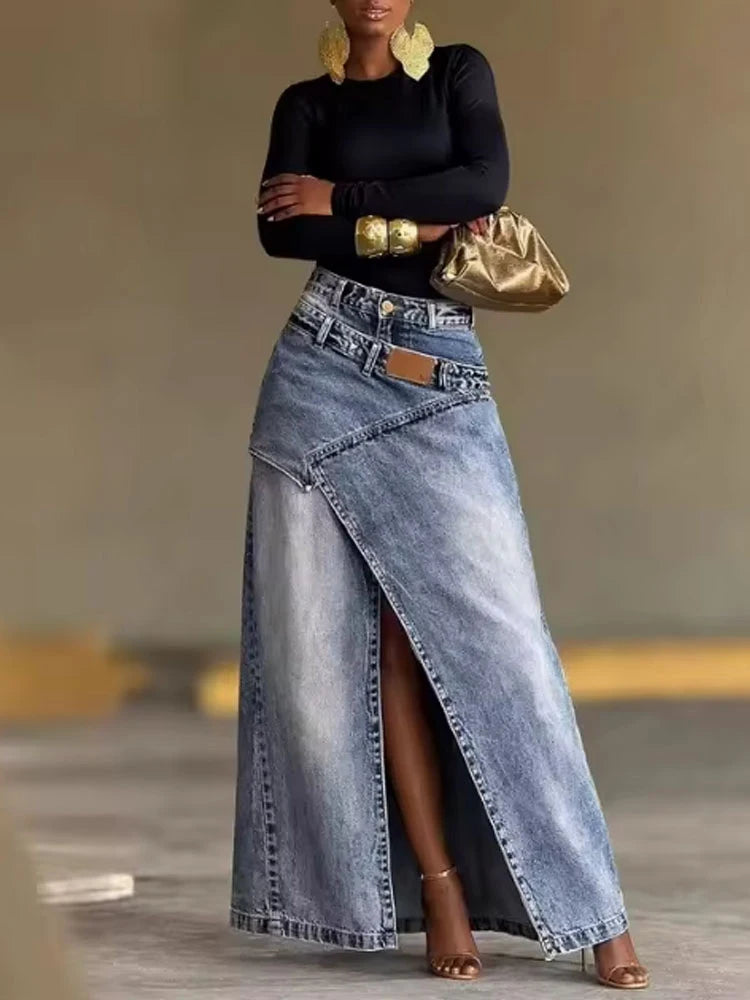 2026 New Irregular Split Denim Skirt Women Fashion Loose Double Waist Stitch Design A-Line Long Skirt Casual Street Jean Skirts
