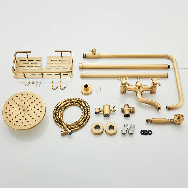 Antique Brass Shower Faucet Set Rainfall Head Shower with Handshower Wall Mount Dual Handle Mixer Bathroom Shower System