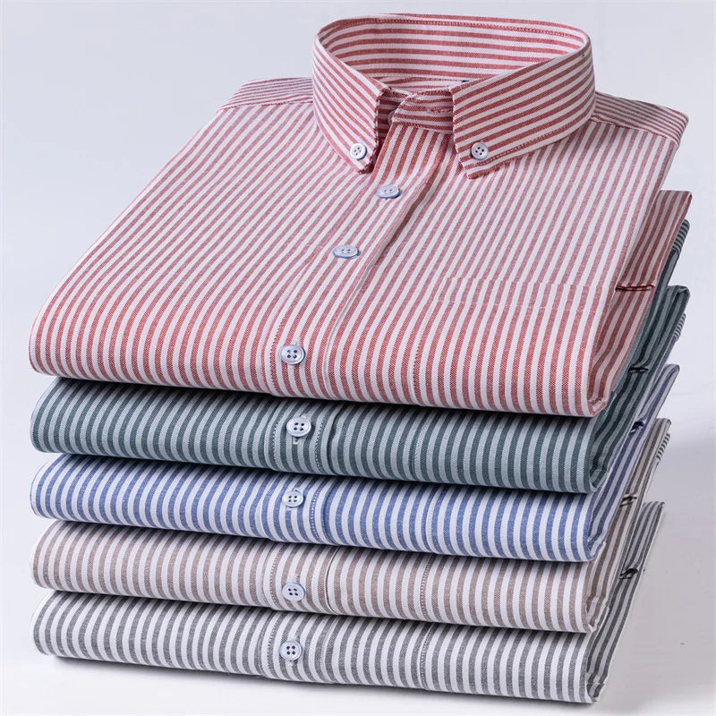 New Cotton Oxford Men's Shirts Long Sleeves Stripe Thin Soft Regular Fit Formal Dress Shirt Pocket Social Blouse Male Clothes