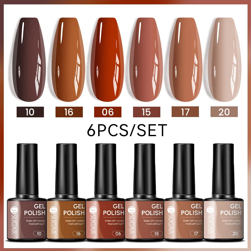 UR SUGAR 6Pcs/Set 7ML Gel DIY Nail Polish Autumn Semi Permanent Soak Off UV LED Gel Varnish Nail Art Design Manicure Kit