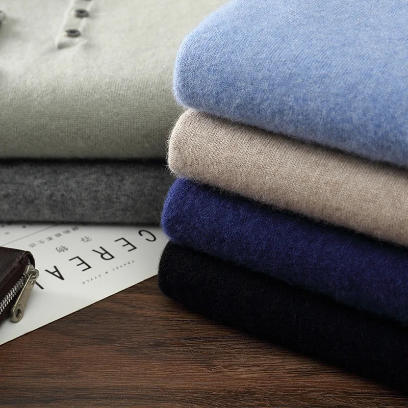 Autumn/Winter Men's 100% Cashmere Pullover Business Casual Solid Knitted Sweater Loose POLO Collar Tops Basic Thick Warm Jumper