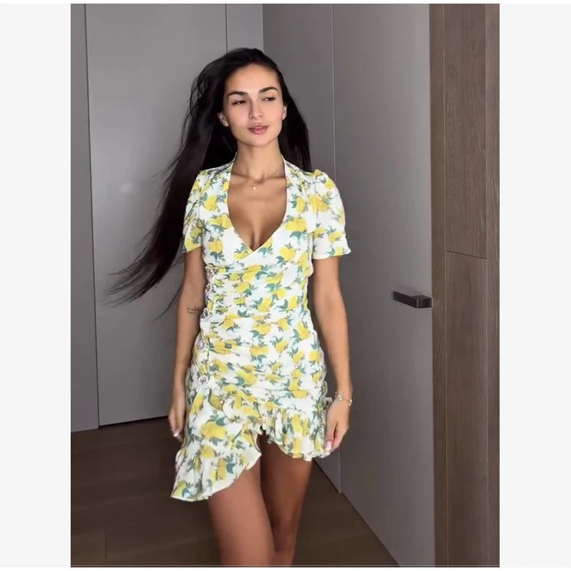 Elegant Ruffle Print Slim Short Dress Women Chic Patchwork Flared sleeves V-neck Pleated Dresses 2026 Lady Summer Casual Vestido