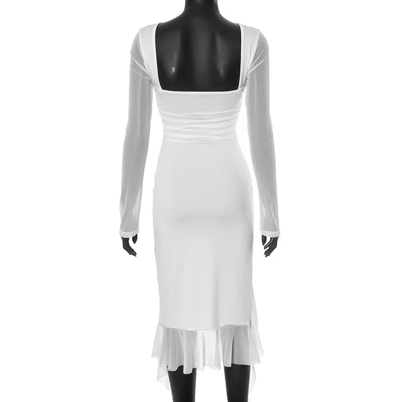 Spring Autumn New Pure Color round Neck Mesh Panel Long Sleeve Slit Lace Trim Sexy Dress Elegant Women's Fashion Skirt