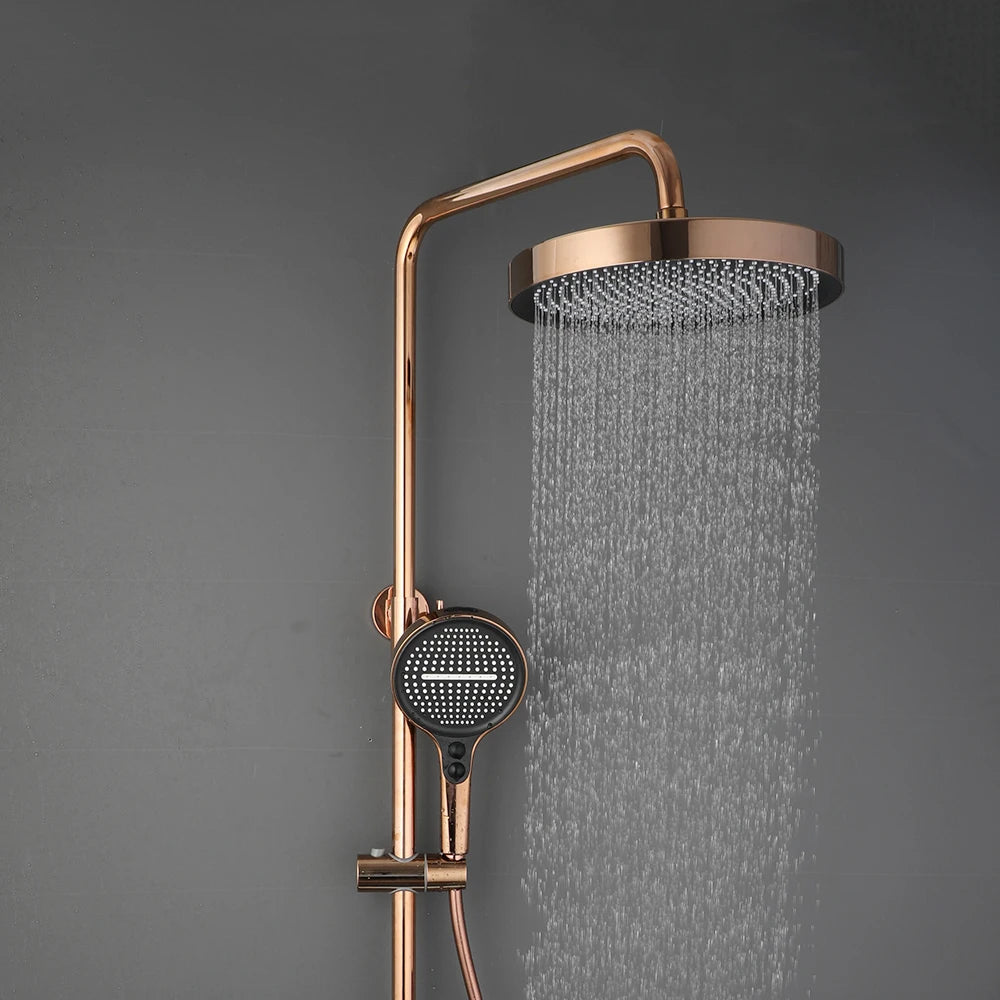 KEMAIDI Rose Gold Bathroom Shower Set Rainfall Hot And Cold Control Multifunctional Bath Shower Faucet System W/ Hand Shower
