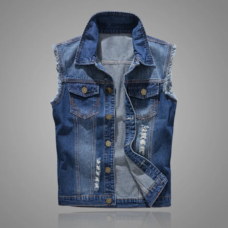 New Fashion Men Ripped Denim Waistcoats Sleeveless Jackets Light Blue Holes Denim Vests Male Cotton Slim Jeans Waistcoats 6XL