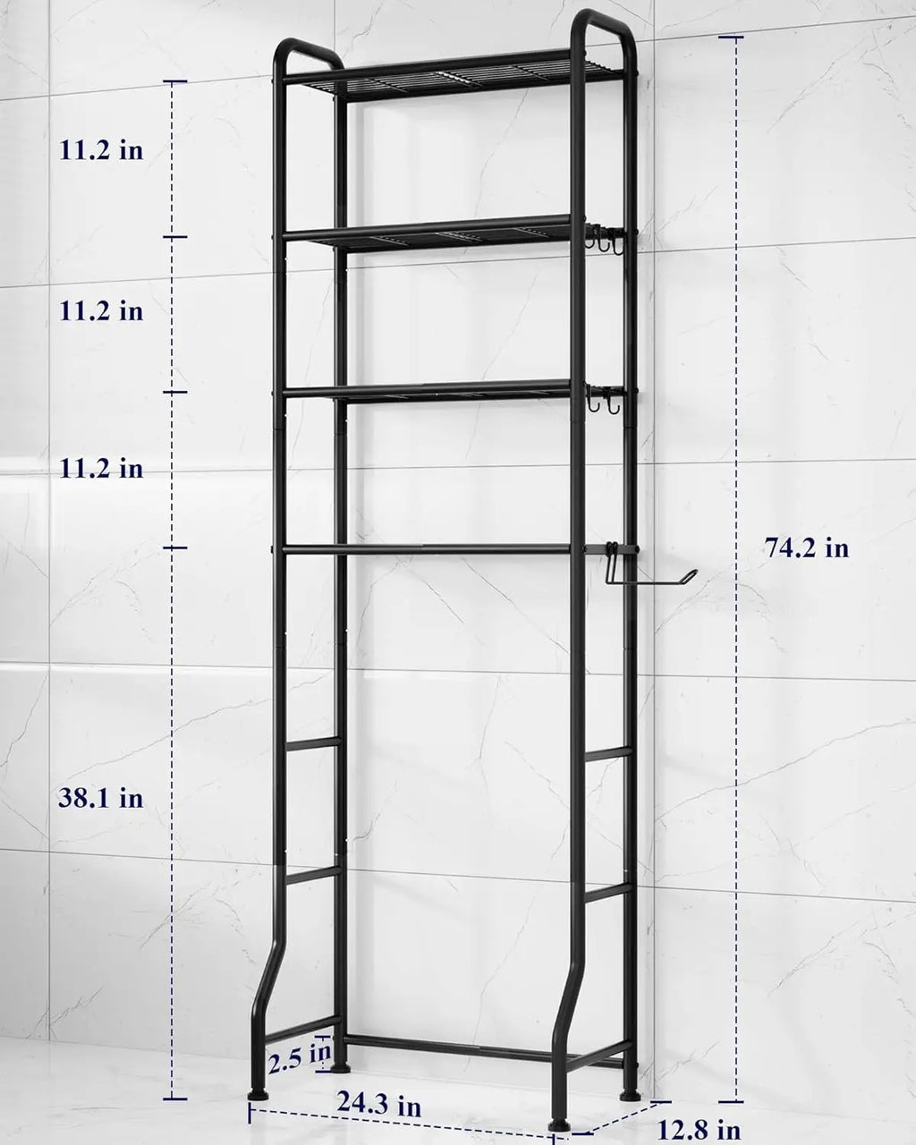 Over Toilet Storage Rack - 4 Tier Metal Bathroom Organizer Shelf with Paper Holder and Hooks, Black