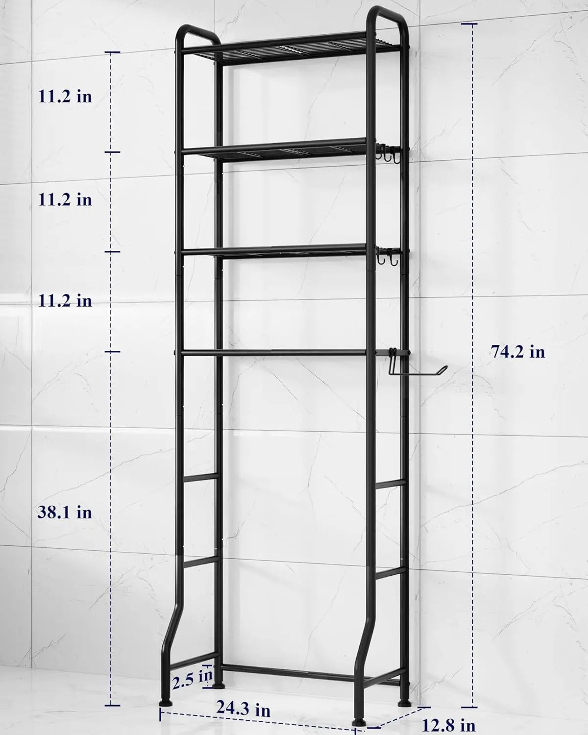 Over Toilet Storage Rack - 4 Tier Metal Bathroom Organizer Shelf with Paper Holder and Hooks, Black