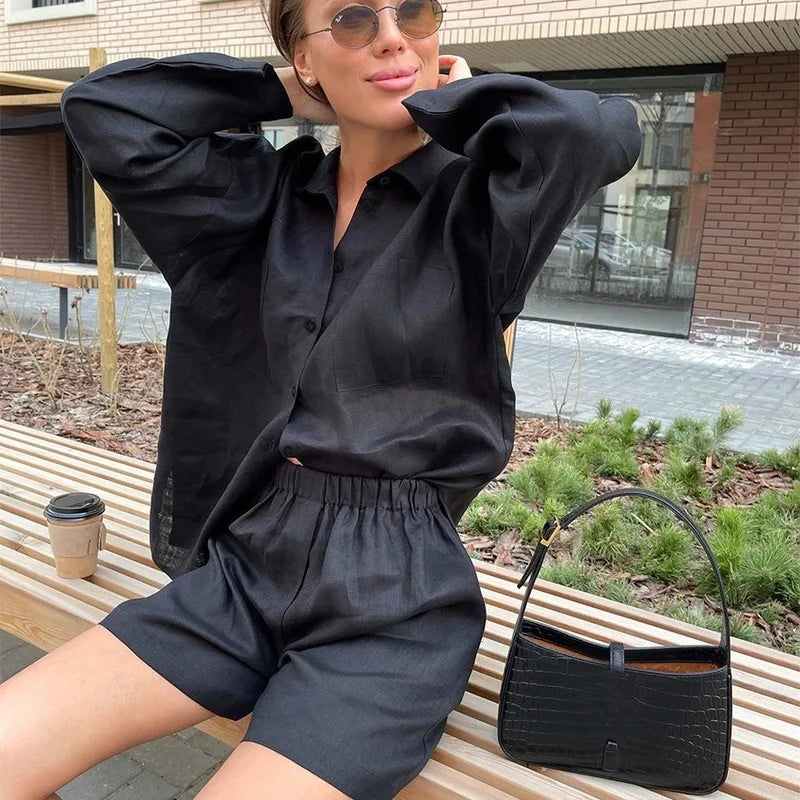 Home Wear Casual Women Two Pieces Sets Autumn Solid Long Sleeve Shirts + Elastic Waist Shorts Suits Loose Cotton Linen Outfits