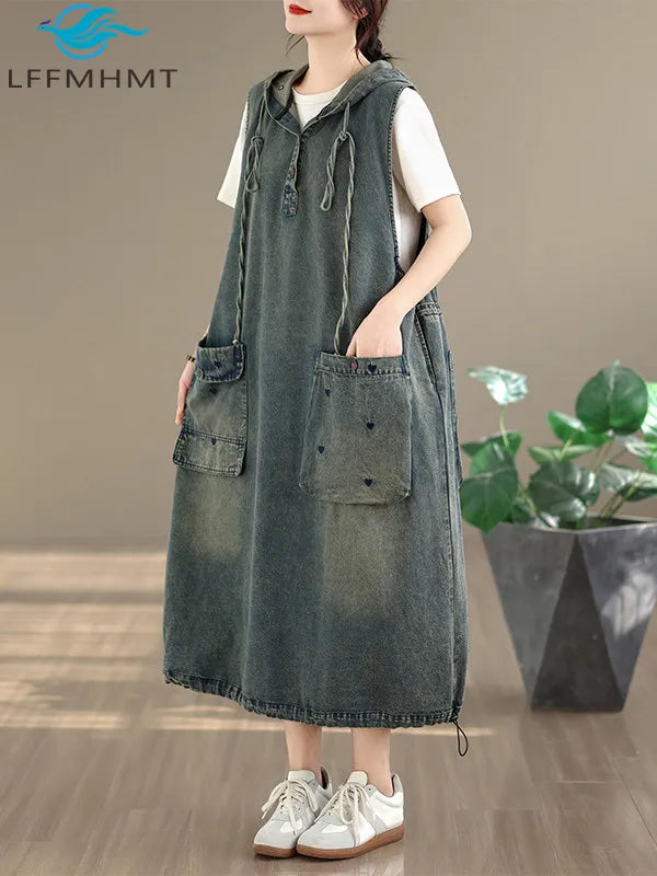 Original Denim Suspender Dres for Women Summer Fashion Vintage Big Pocket Mid-long Frocks Female Hip Hop Baggy Streetwear