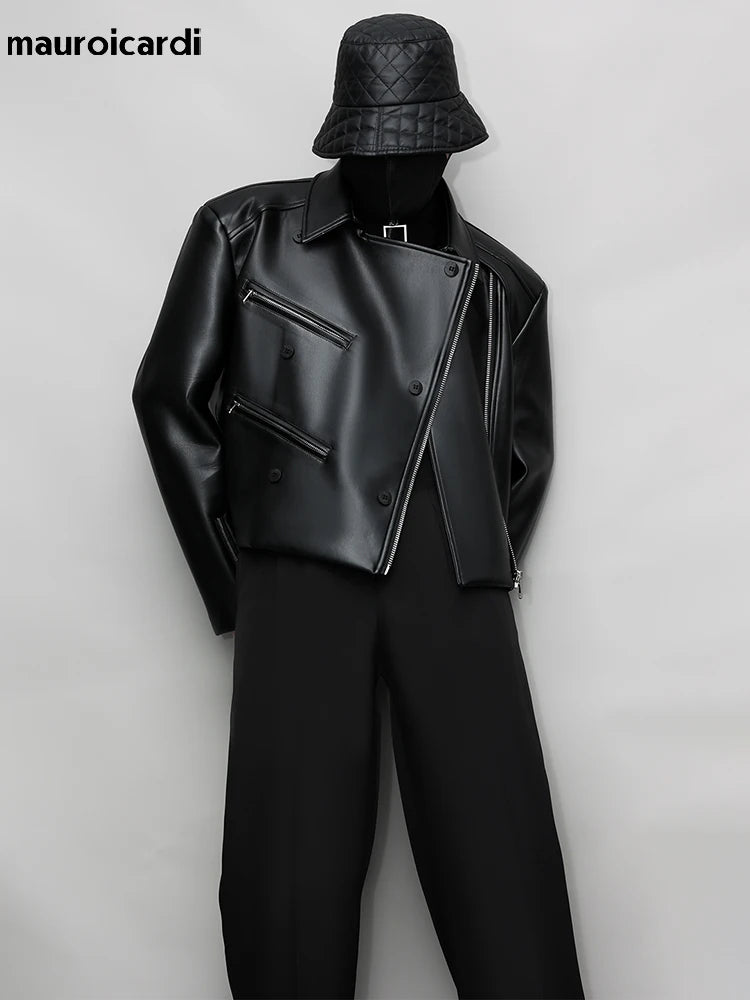 Mauroicardi Spring Autumn Oversized Cool Pu Leather Jacket Men Long Sleeve Stand Collar High Quality Luxury Designer Clothes