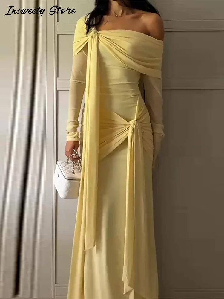 Elegant Solid Lace Up Dress Women's Off The Shoulder Long Sleeve Draped Dresses 2026 Spring New Female Chic Party Robes ﻿