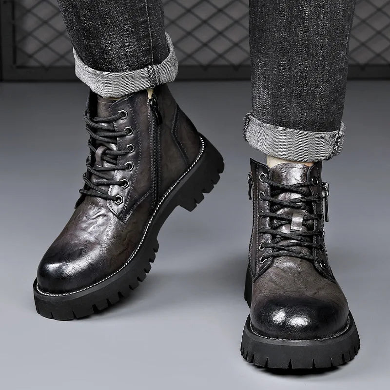2025 autumn and winter boots men's British style versatile high top leather shoes workwear snow leather boots men's short boots