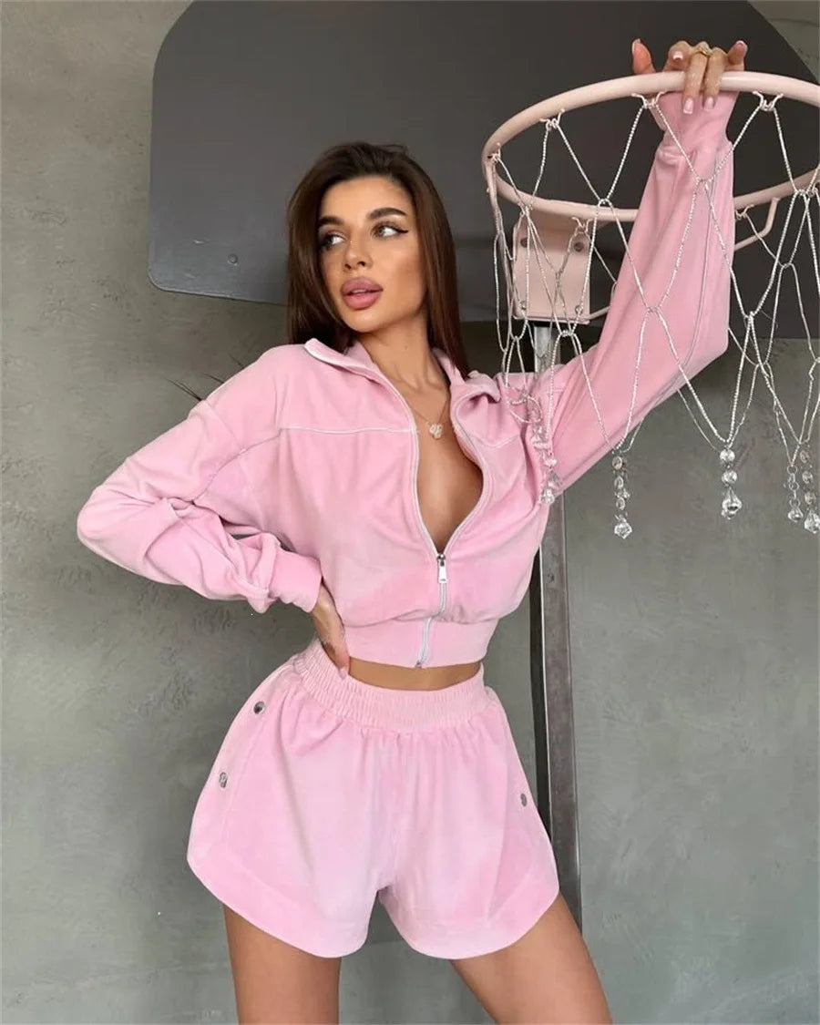 Summer Women Long Sleeved Zipper Two Piece Sets Top Elastic Shorts Outfits Fashion Striped Casual Suits Lapel Tracksuits 2026