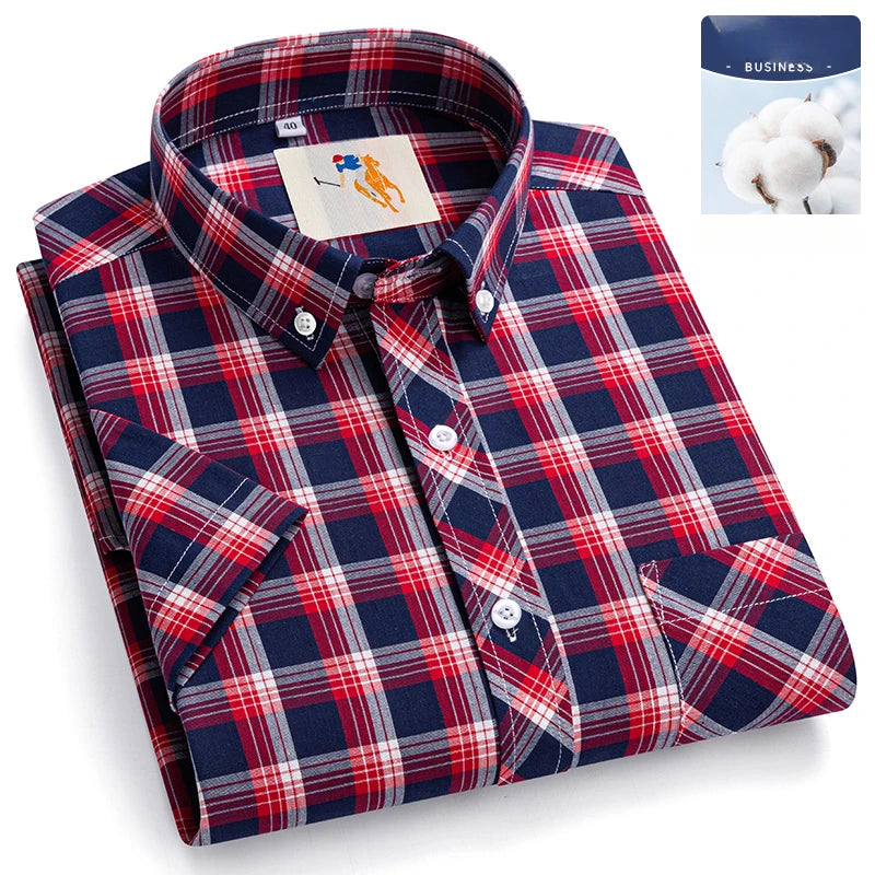 Fashion Korean Plus Size 8XL 100%Cotton Short Sleeve Shirts for Men Slim Fit Formal Plain Shirt Plaid Hawaiian Shirt Casual Top