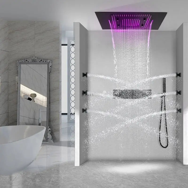 Matte Black 800*600mm LED Music Shower Head Rain Waterfall Misty Thermostatic Faucet Ceramic Valve Wall Mounted for Bathroom