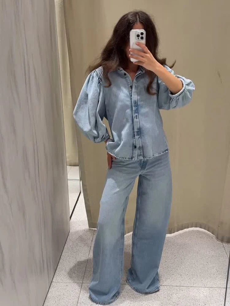 HH Women Summer New Fashion Thin Single-breasted Loose Folds Denim Shirt+High Waist Zipper Pocket Wide-leg Casual Pants Suit