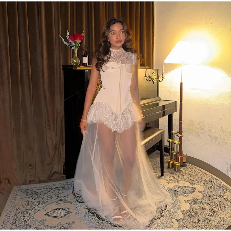 Sexy Lace Patchwork Pleated Women Slim Dress Beach Sleeveless Stand Collar Empire Female Dresses 2026 Summer Fashion Lady Robe