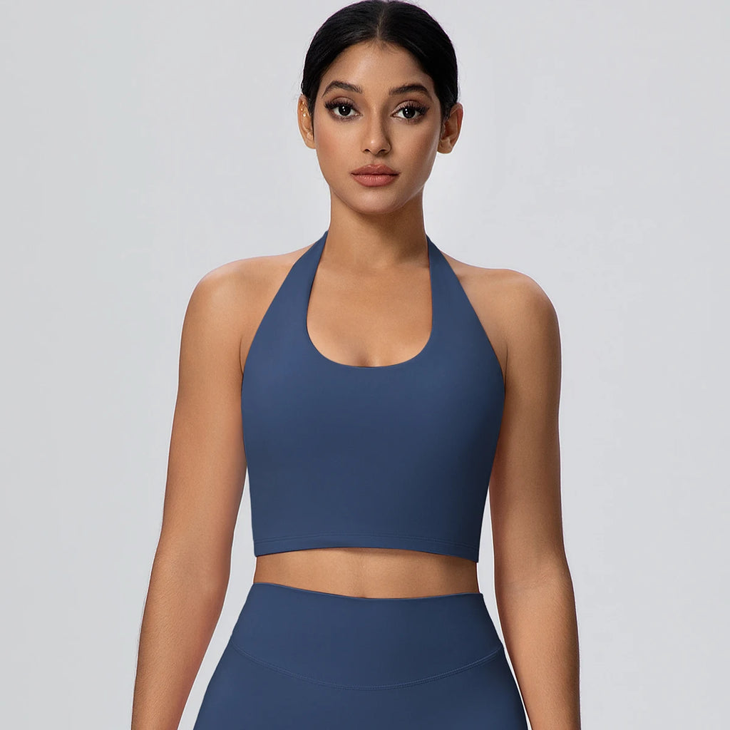 Woman Solid Color Sexy Neck Strap Bra Yoga Underwear With Chest Pad Backless Gather Shockproof Gym Workout Top Sports Yoga Bra