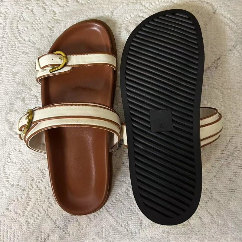 Double Buckle Sandals Women Comfortable Flat Slippers Casual Summer Beach Shoes Non-slip Slip On Slides Chunky Footbed