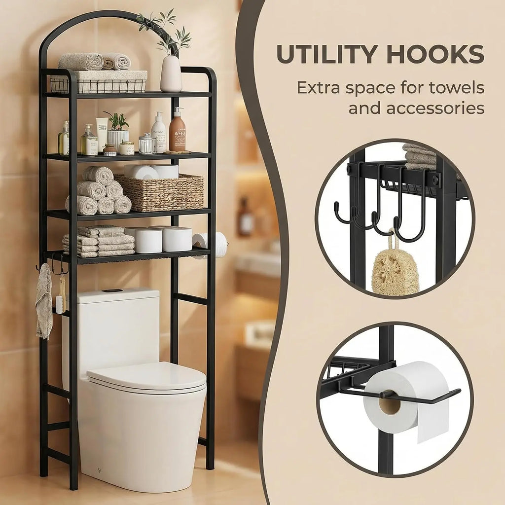 72" Over Toilet Storage Rack, 4-Tier Bathroom Organizer with Hooks & Paper Holder, Space-Saving Black Metal Shelf