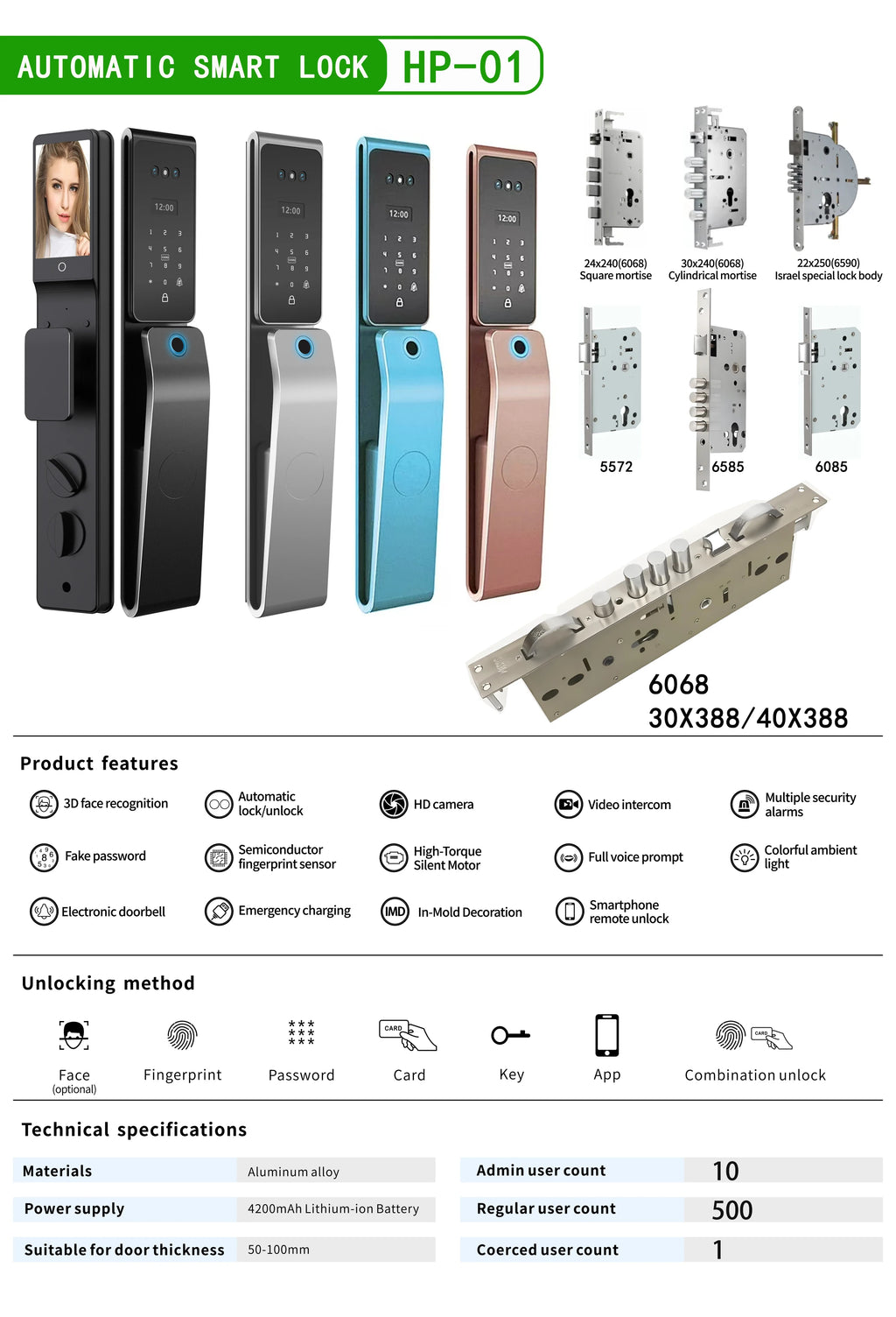 2026 New Tuya 3D Face Palm Recognition Smart Lock Durable Electronic Lock Waterproof Digital Lock Suitable for Europe, Israel
