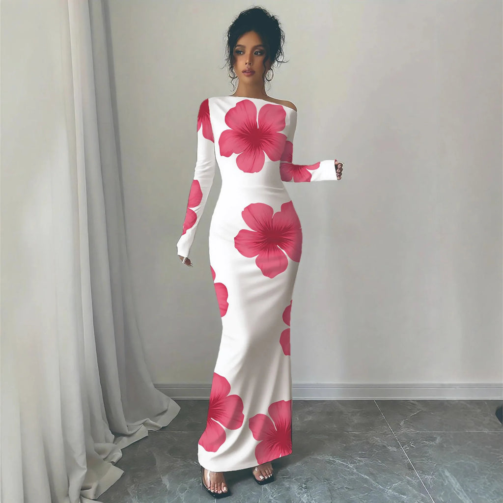 European and American 2025 Autumn New Printed Long Skirt Temperament Slim Long Sleeve Dress