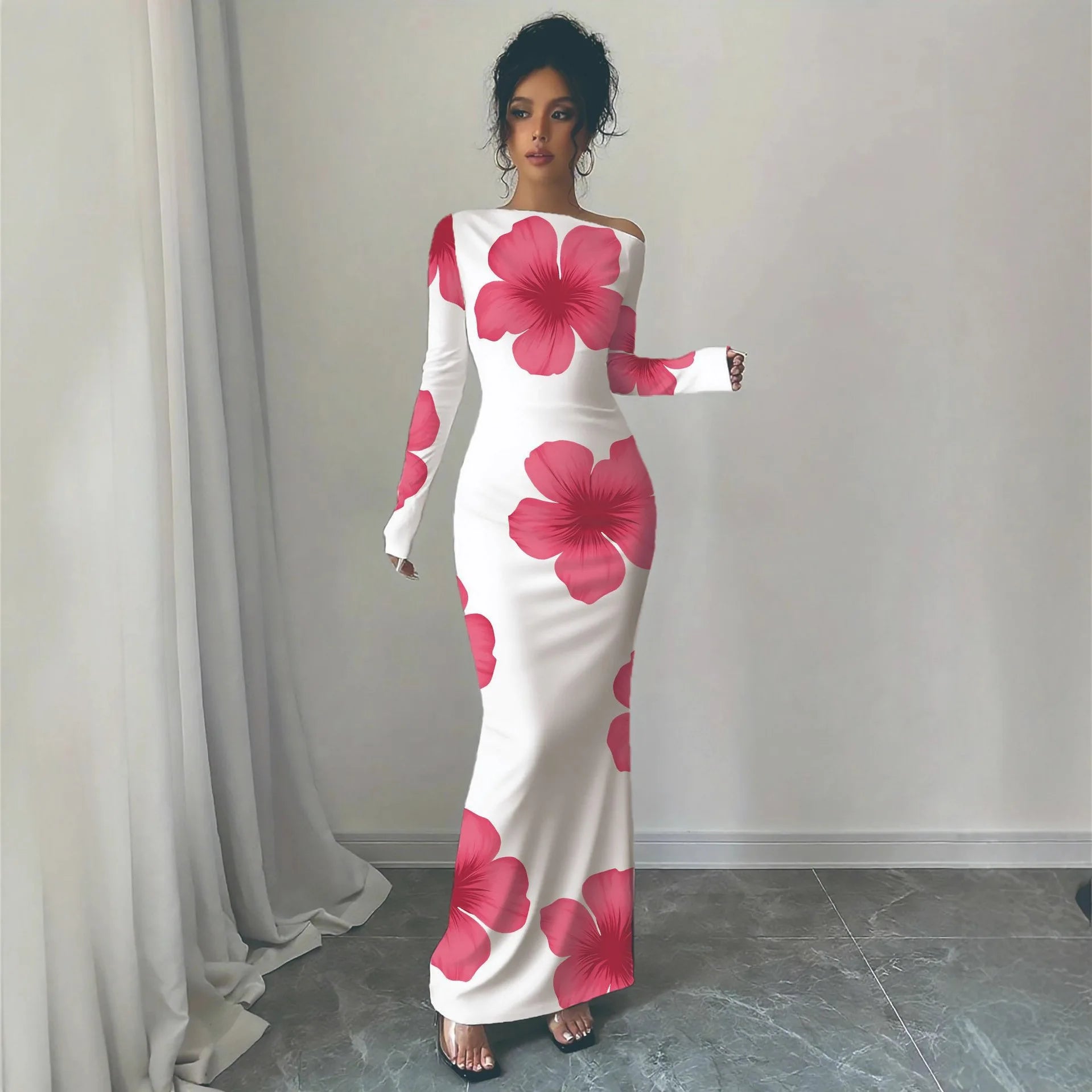 European and American 2025 Autumn New Printed Long Skirt Temperament Slim Long Sleeve Dress