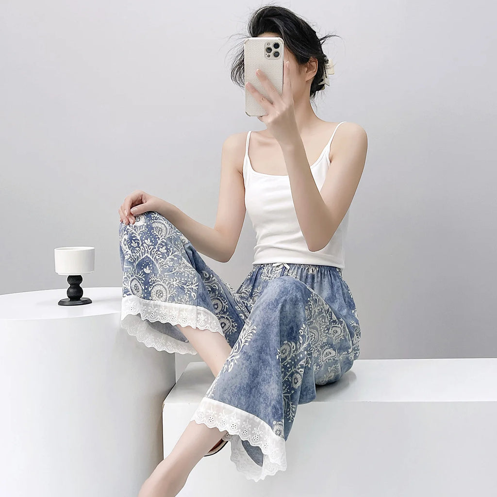 Women Pajama Printed Loose Night Bottoms Viscose Pants Female Outwear Pants Loungewear Home Pants 2026 New Summer Sleeping Wear