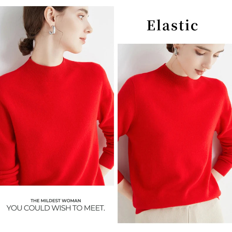First-Line Seamless Women's Half-Turtleneck 100% Pure Wool Sweater Solid Color Long Sleeve Pullover Knitted Bottoming Sweater