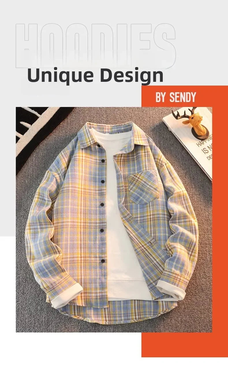 Retro Japanese Plaid Long Sve irt Men's Casual Loose Fit Spring Autumn Wear for Students And Couples Youth Faion