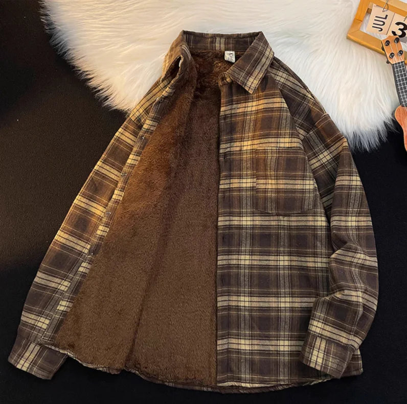 New 2026 Autumn and Winter Plus Velvet Thick Warm Plaid Shirt Men's Long Sleeved Japanese Retro Trend Loose Casual Shirt Jacket