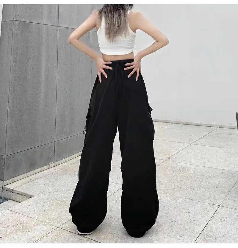 Women Streetwear Cargo Pants Elastic Waist Multi Pocket Loose Wide Leg Vintage Drawstring Casual Trousers
