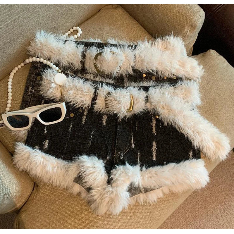 Belt Furry Denim Shorts Women 2024 New Fashion Loose Casual Pocket Sexy Shorts Denim Shorts Female Short Pants Zipper Jeans