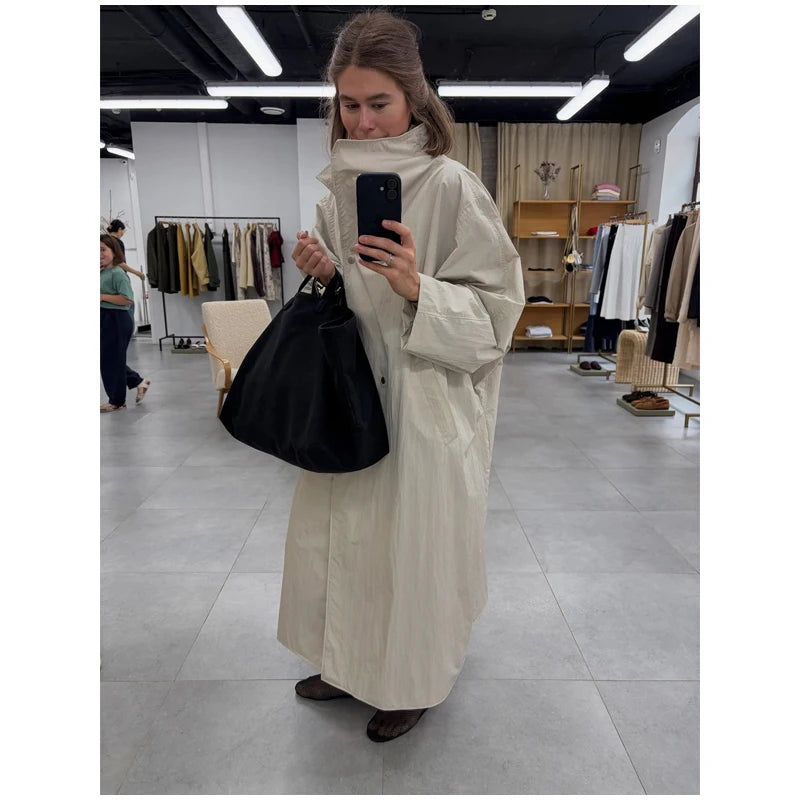 Casual Solid Long Trench Coat Women Stand Collar Long Sleeve Single Breasted Lace Up Jacket 2026 Autumn Lady Commute Outwear