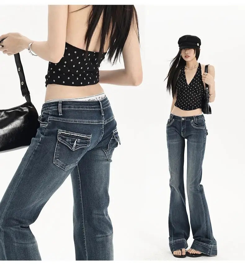 Women's Vintage Washed Low Rise Bootcut Jeans Slight Flare Denim Pants Retro Y2K Style
