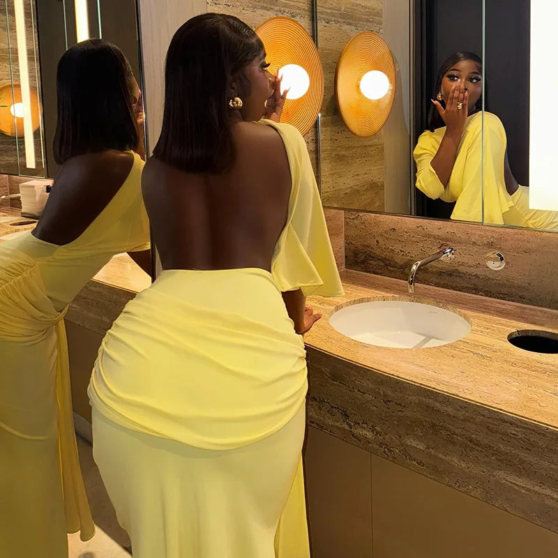 Joskaa Elegant O-Neck Half Sleeve Backless Ruched Slit Bodycon Maxi Dress for Woman 2025 Fall Birthday Evening Vacation Clubwear