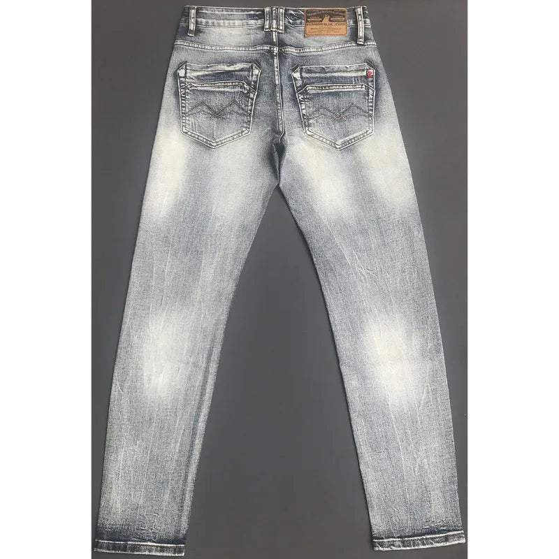 New Trendy Brand Jeans for Men Spring Autumn Slim Fit Small Feet Elastic Water Washed Retro Trendy Casual Long Pants