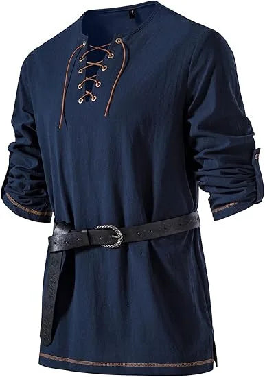 Men Medieval Lace Up Linen Long Sleeve Tunic Viking Pirate Renaissance Cosplay Shirt With Vintage Embossed Leather Belt