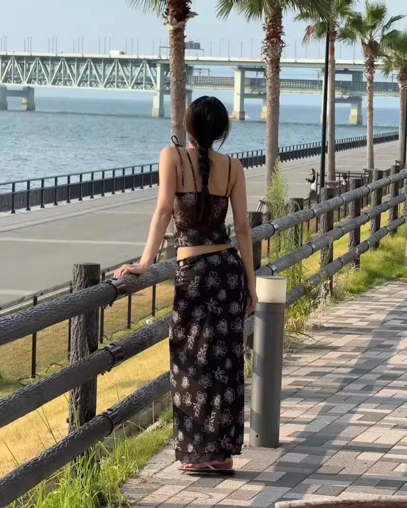 Retro Style Floral Embroidery Three Piece Swimsuit Slim Long Suspender Dress Women Holiday Beach Vacation Cover Up Bikini Outfit