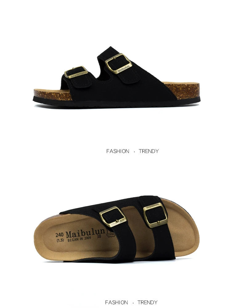 Nubuck Women Cork Slippers Summer Mule Clogs Flats Sandals Slides Casual Beach Couple Double Buckle Soft Shoes Footwear Big Size